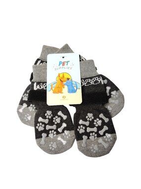 CoolTail Set of 4 Large Size Non-Slip Dog Socks With Paw and Bone Design